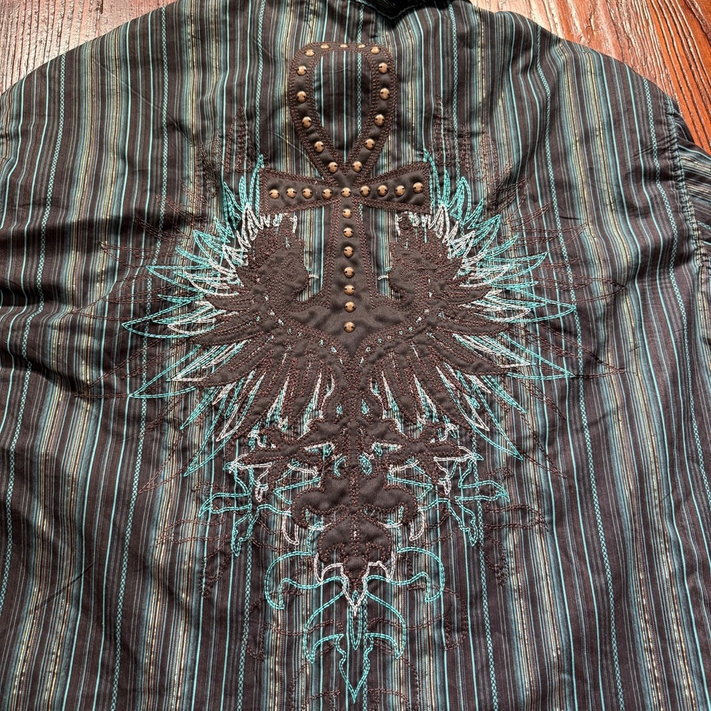 VTG Pelle Pelle Shirt Mens 3XL Heavily Embroidered Cross Wings Embellished Y2K‎